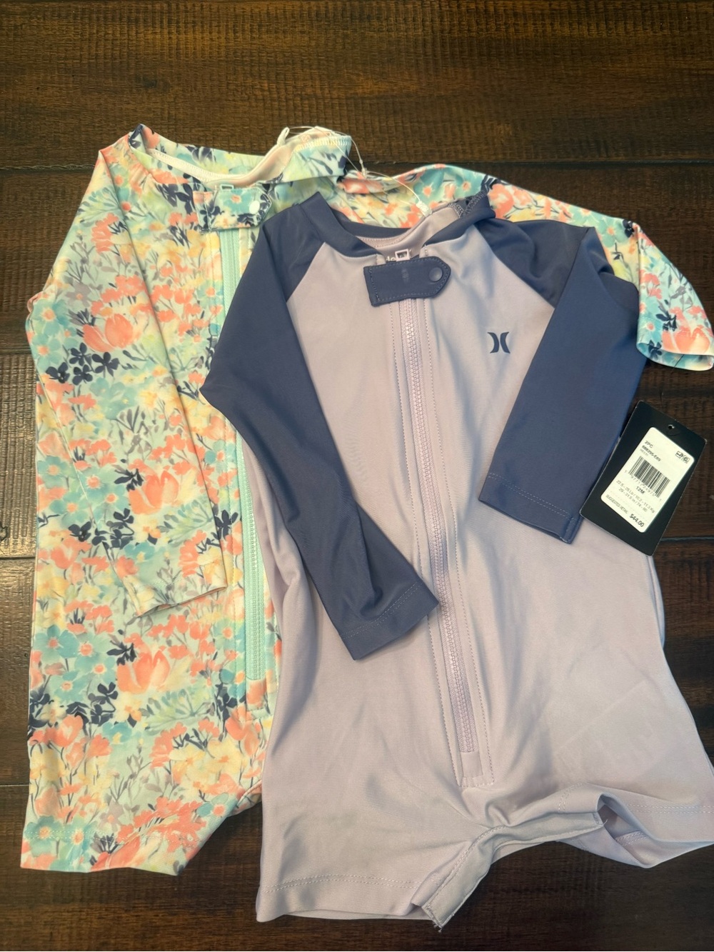 Hurley Kids Lavender and Navy Zip-Front Rashguard Swim Set with Floral Romper